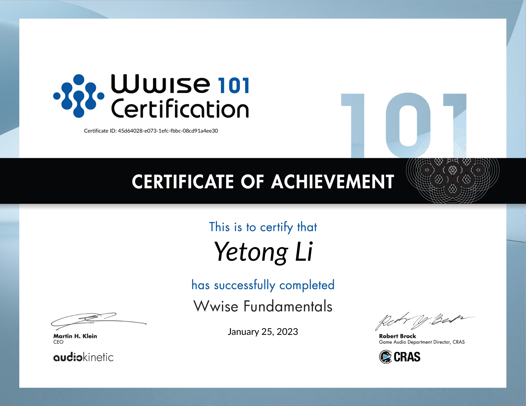 李烨彤 Wwise 101 认证证书
